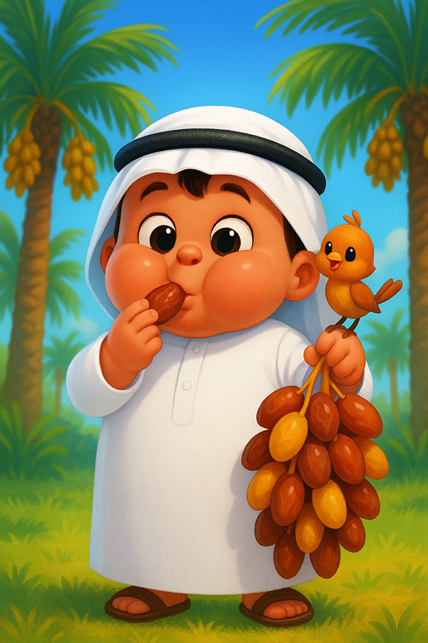 تصویرسازی پسربچه عربی در حال خوردن خرما در نخلستان